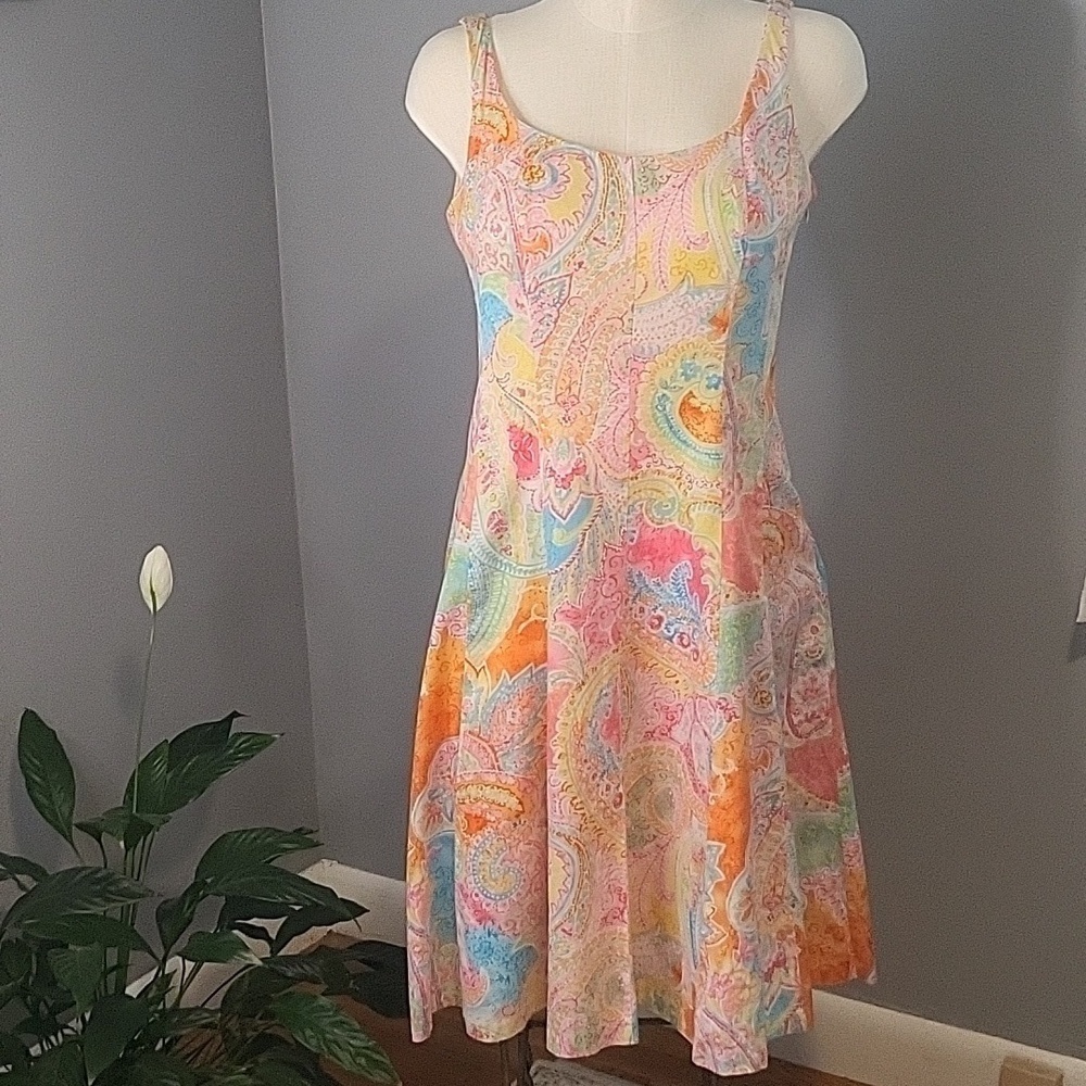 Chaps Cotton Lined Fit n Flare Floral Pastel Paisley Hidden Side Zip Dress Sz 8
